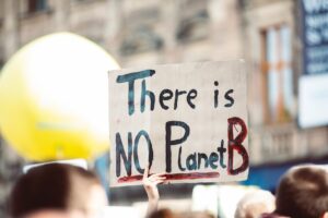 protestors on protest with a sign "There is no Planet B" for climate change